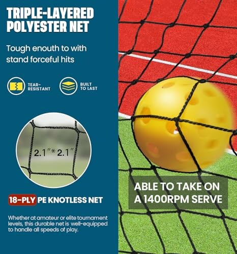 Triple-layered polyester net with yellow ball on red surface, tear-resistant and built to handle 1400 RPM serves.