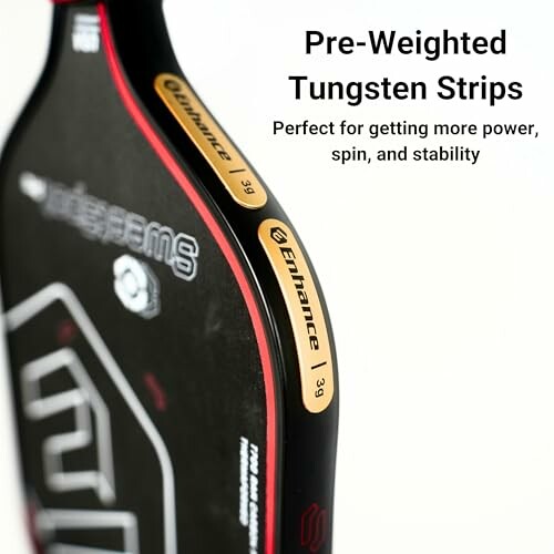 Pickleball paddle with pre-weighted tungsten strips for added power and stability.