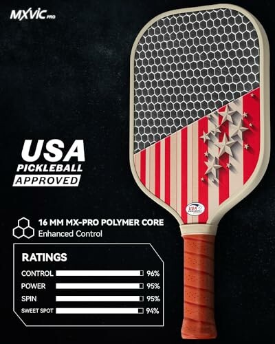 USA approved pickleball paddle with ratings for control, power, spin, and sweet spot.