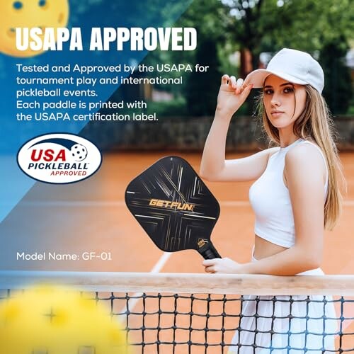 Woman holding USAPA approved pickleball paddle on tennis court