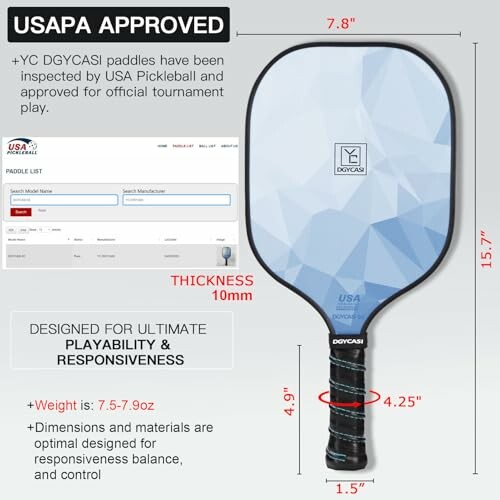 USAPA approved pickleball paddle with specifications and features.