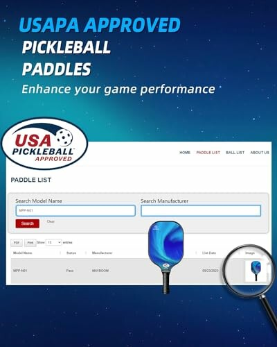 USAPA approved pickleball paddles advertisement with paddle list search.