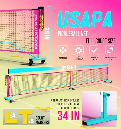 USAPA pickleball net with features and dimensions. Ideal for backyard or driveway use!