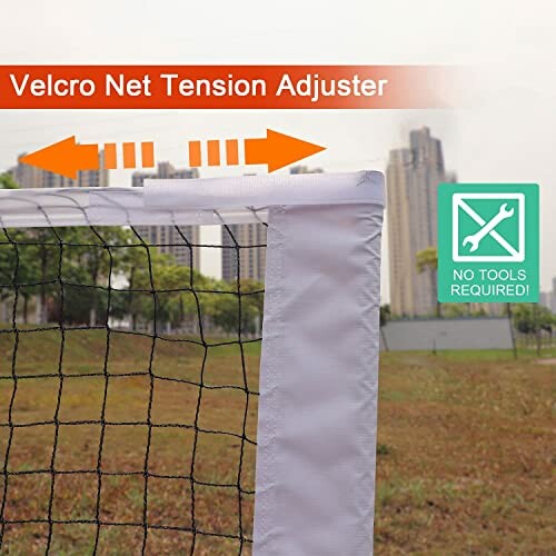 Velcro net tension adjuster on a soccer goal with buildings in the background.