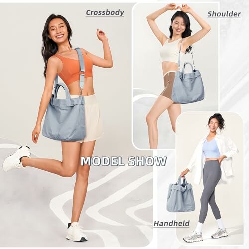 Model showcasing a versatile bag in crossbody, shoulder, and handheld styles.