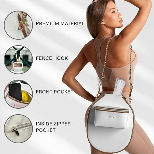 Woman showcasing a multifunctional sports bag with premium material, fence hook, front pocket, and inside zipper pocket