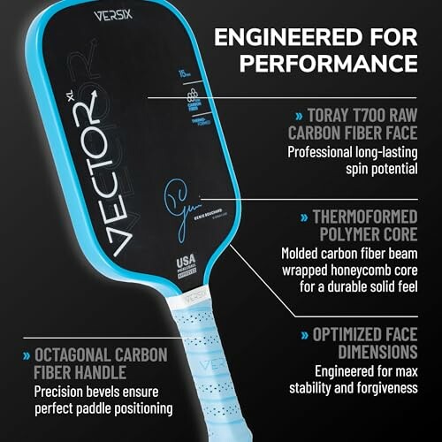 Versix Vector pickleball paddle with performance features highlighted.