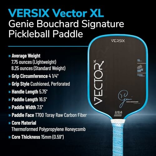 VERSIX Vector XL Genie Bouchard Signature Pickleball Paddle with specifications.