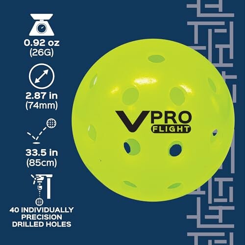 VPro Flight ball with specifications including weight, diameter, and drilled holes.