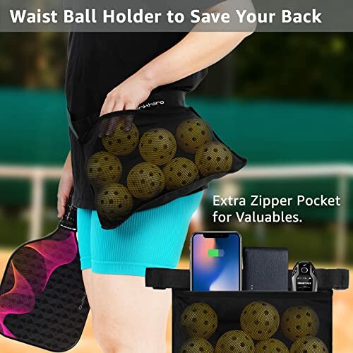 Person wearing waist ball holder with balls and extra zipper pocket for valuables.