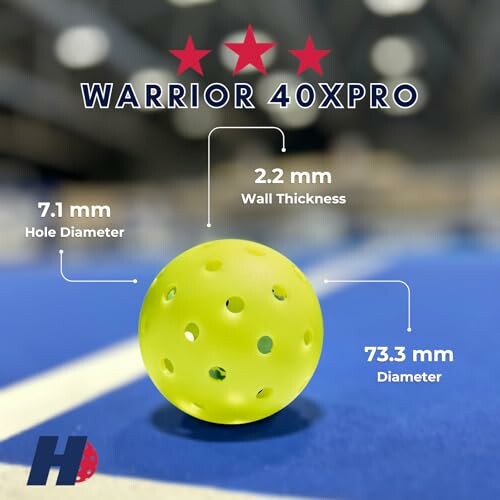 Warrior 40xPro pickleball with specifications on a court.