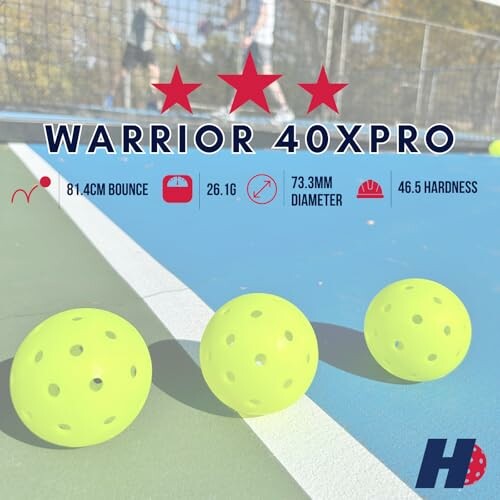 Warrior 40XPro pickleballs on a court with specifications.