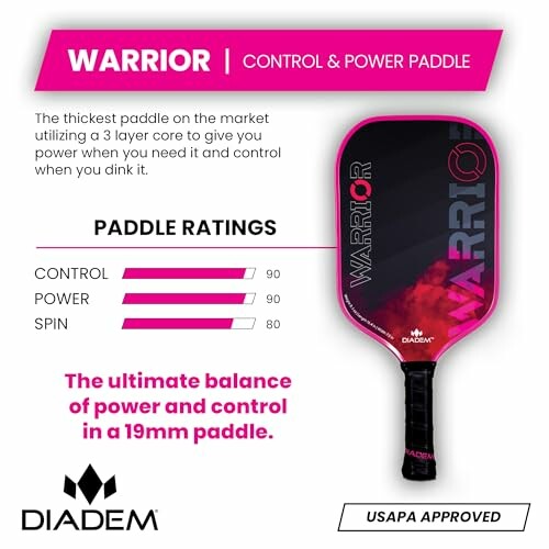 Diadem Warrior control and power paddle with ratings and description.