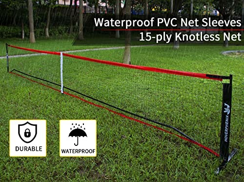 Waterproof PVC badminton net with 15-ply knotless design on grass.