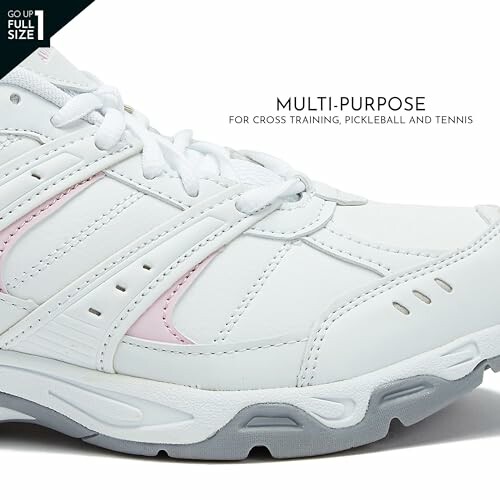 White multi-purpose athletic shoe for cross training, pickleball, and tennis.