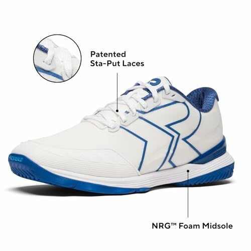 White and blue athletic shoe with patented Sta-Put laces and NRG Foam Midsole.