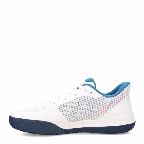 White tennis shoe with blue sole and mesh design.