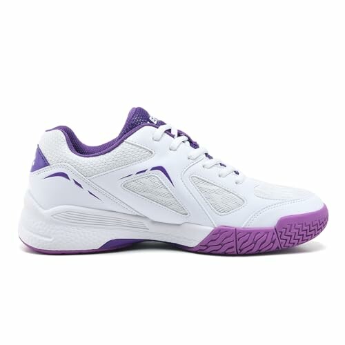 White tennis shoe with purple accents