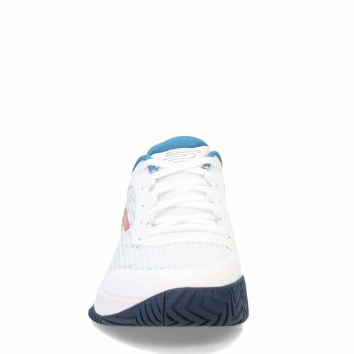 Front view of a white sneaker with blue accents