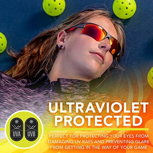 Woman wearing sunglasses lying down with text 'Ultraviolet Protected'.