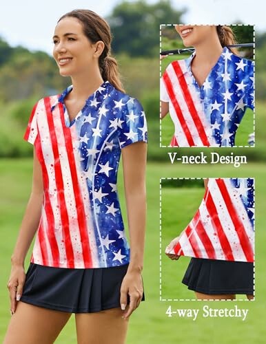 Woman wearing a patriotic V-neck shirt with American flag design, highlighting V-neck and 4-way stretch features.