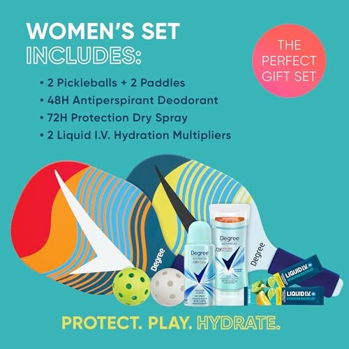 Women's gift set with pickleball gear and personal care items.