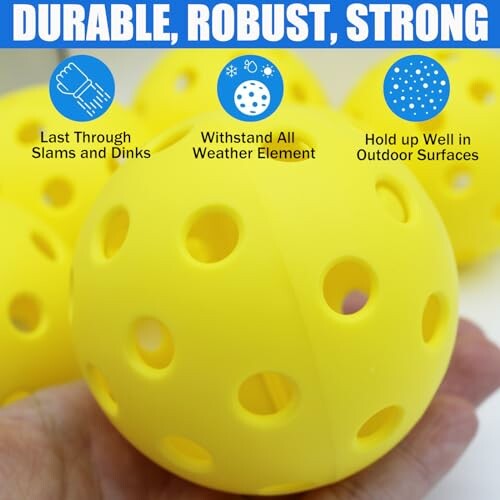 Yellow perforated ball with durability features highlighted.