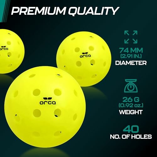 Yellow pickleball balls with specifications including diameter, weight, and number of holes.