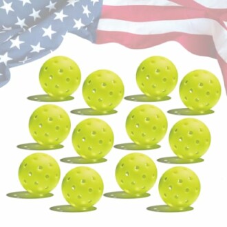 Twelve yellow pickleballs with an American flag background.